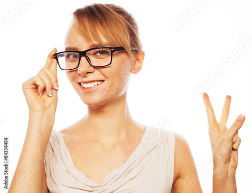 business woman  showing victory sign