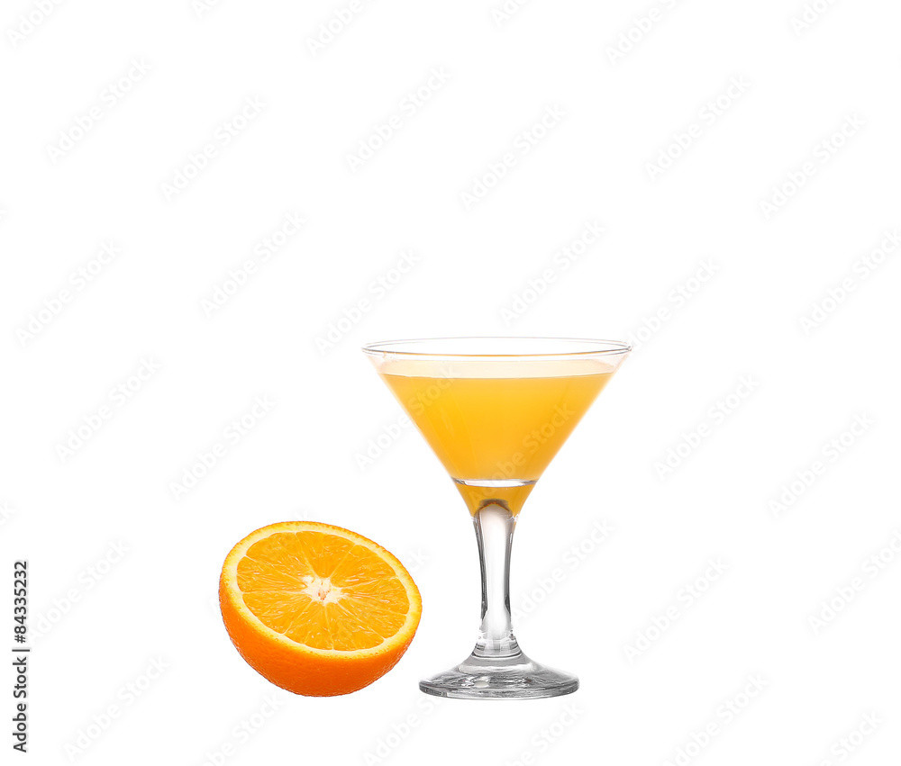 Glass of freshly pressed orange juice with sliced orange Glass of freshly pressed orange juice with sliced orange