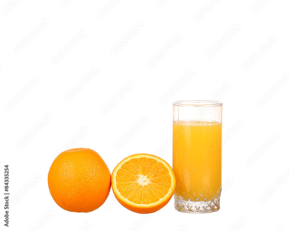 Glass of freshly pressed orange juice with sliced orange Glass of freshly pressed orange juice with sliced orange