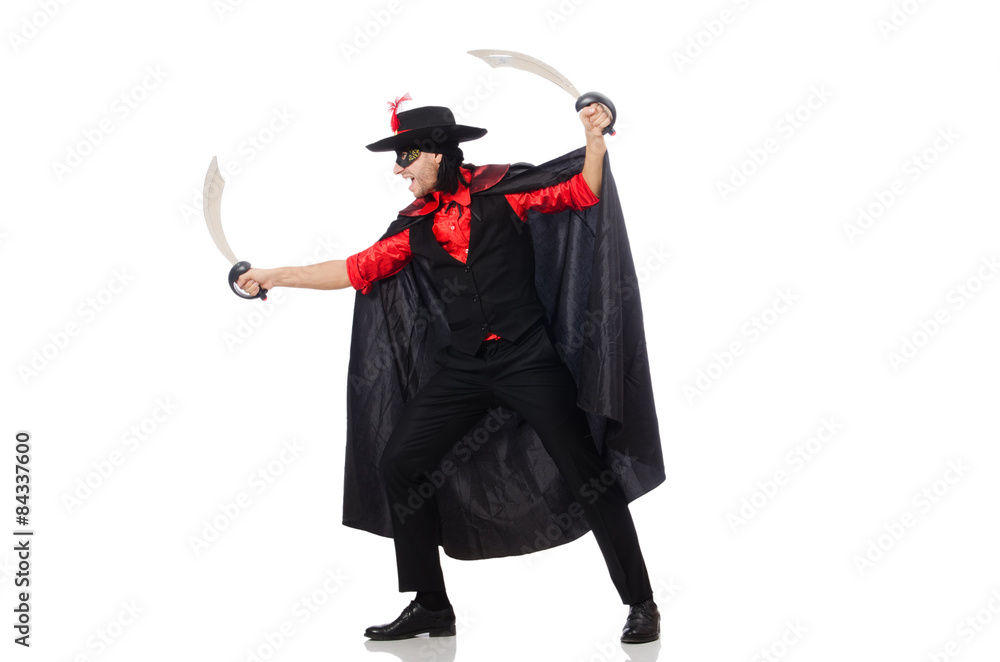 Young man in carnival coat with sword isolated on white Young man in carnival coat with sword isolated on white