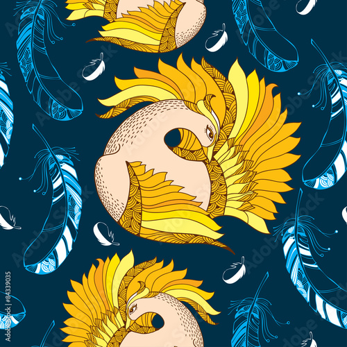 Seamless pattern with Firebird and decorative feathers