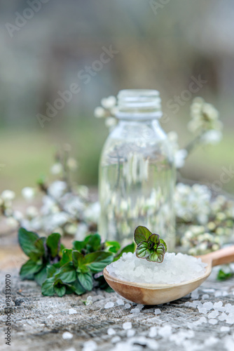 Spa and wellness setting with sea salt  oil essence  flowers and