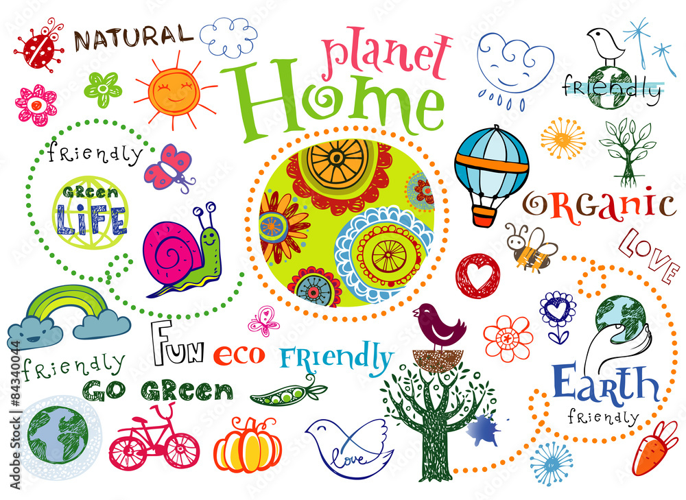 Planet home doodle set