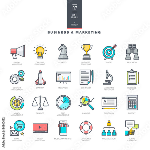 Set of line modern color icons for business and marketing    