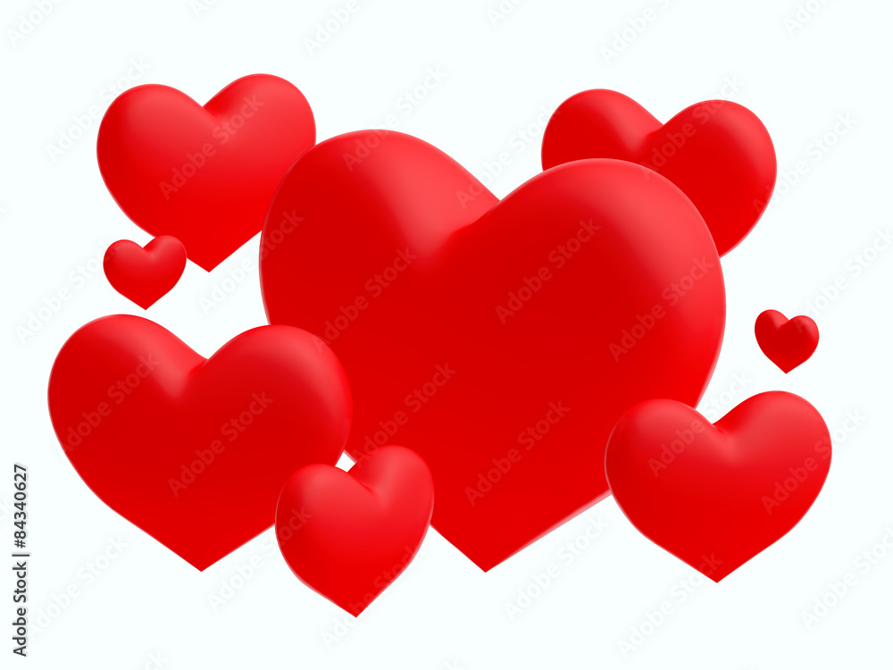 Group of red hearts on white background (3D render)