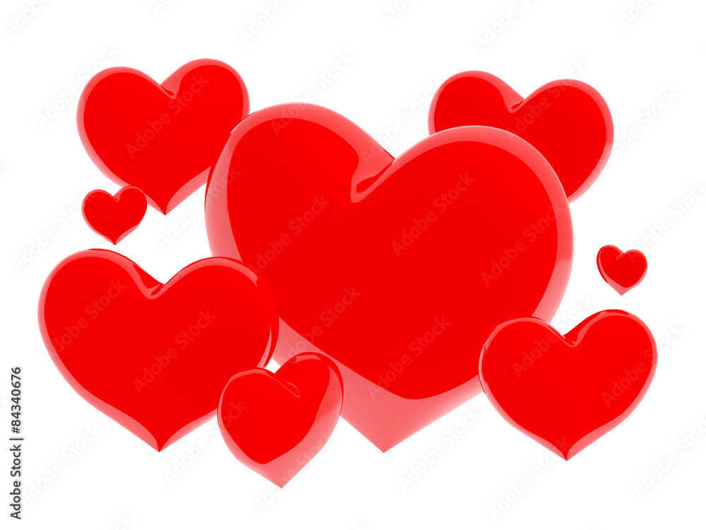 Group of red shiny hearts on white background (3D render)