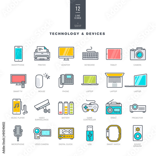 Set of line modern color icons for technology and devices     