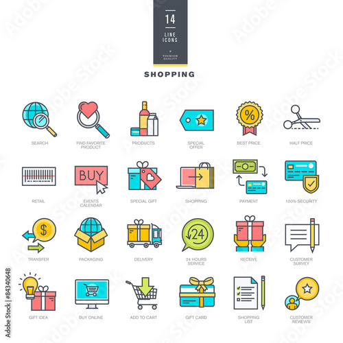Set of line modern color icons for shopping    