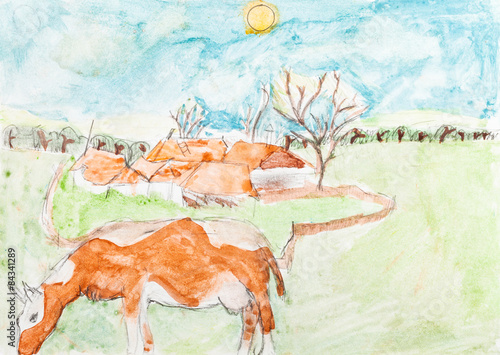 children drawing - cow and country landscape