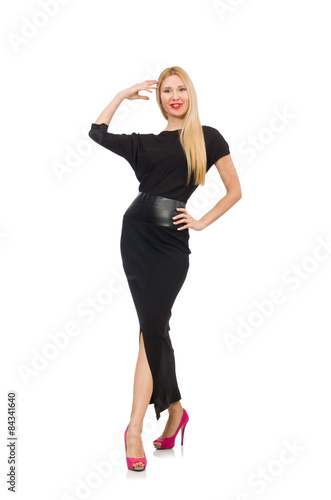 Young woman in black long dress isolated on white