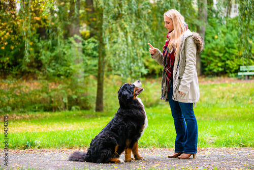 Frau bei Hundetraining mit Hund draußen im Park photo