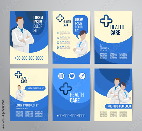 Healthcare brochure concept. Clinic flyer design with doctor and medical icons.