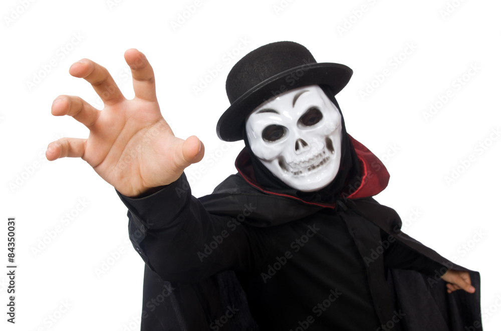 Man in horror costume with mask isolated on white Man in horror costume with mask isolated on white