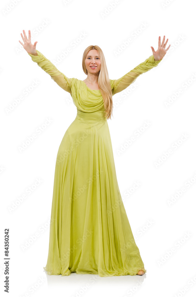 Naklejka premium Pretty girl in elegant green dress isolated on white