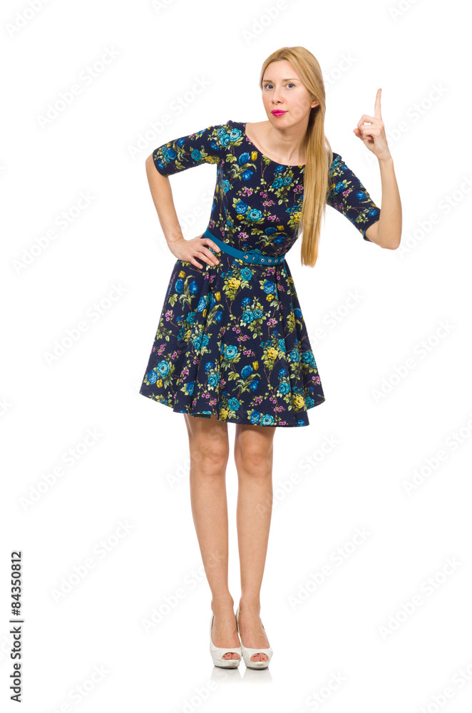Woman in dark blue floral dress isolated on white Woman in dark blue floral dress isolated on white