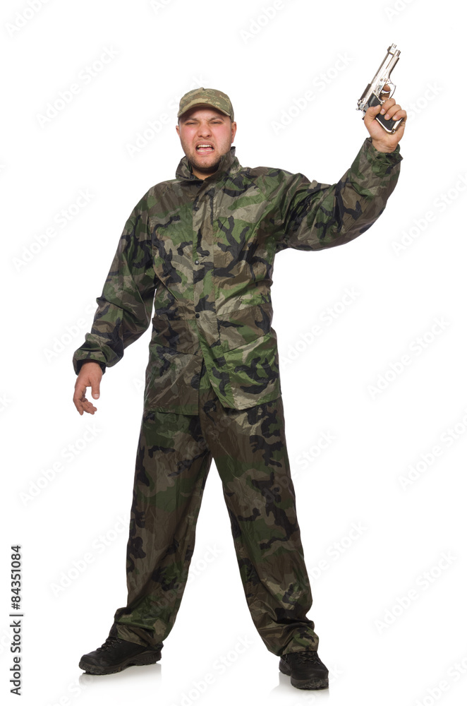 Young man in soldier uniform holding gun isolated on white Young man in soldier uniform holding gun isolated on white