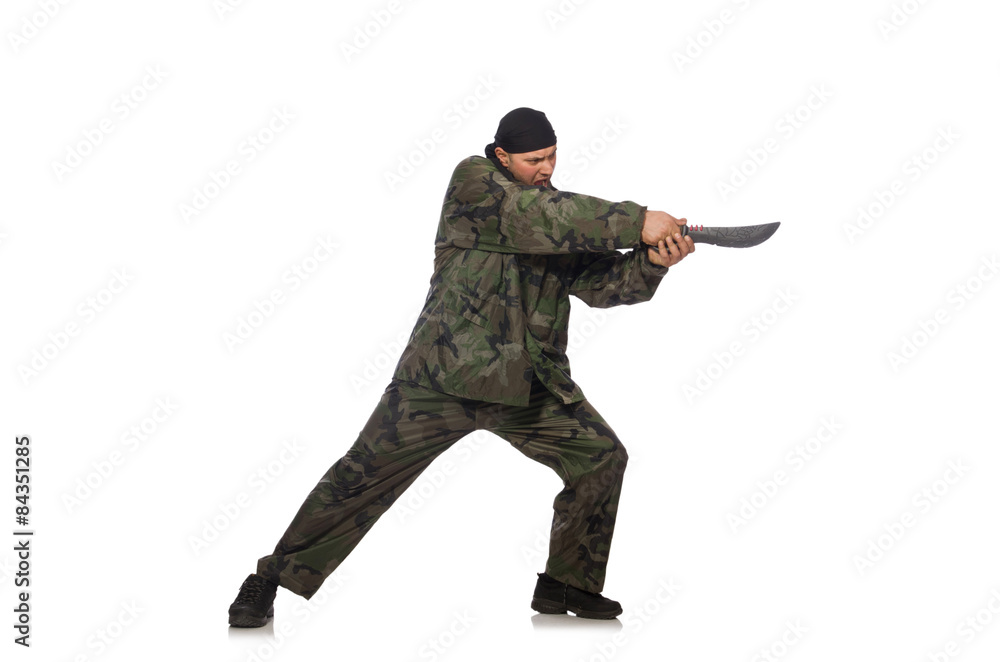 Young man in soldier uniform holding knife isolated on white Young man in soldier uniform holding knife isolated on white