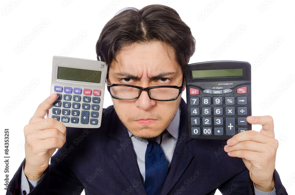 Funny man with calculator isolated on white Funny man with calculator isolated on white