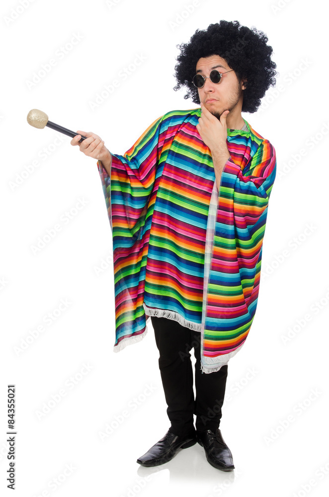 Funny mexican wearing poncho with maracas isolated on white Funny mexican wearing poncho with maracas isolated on white