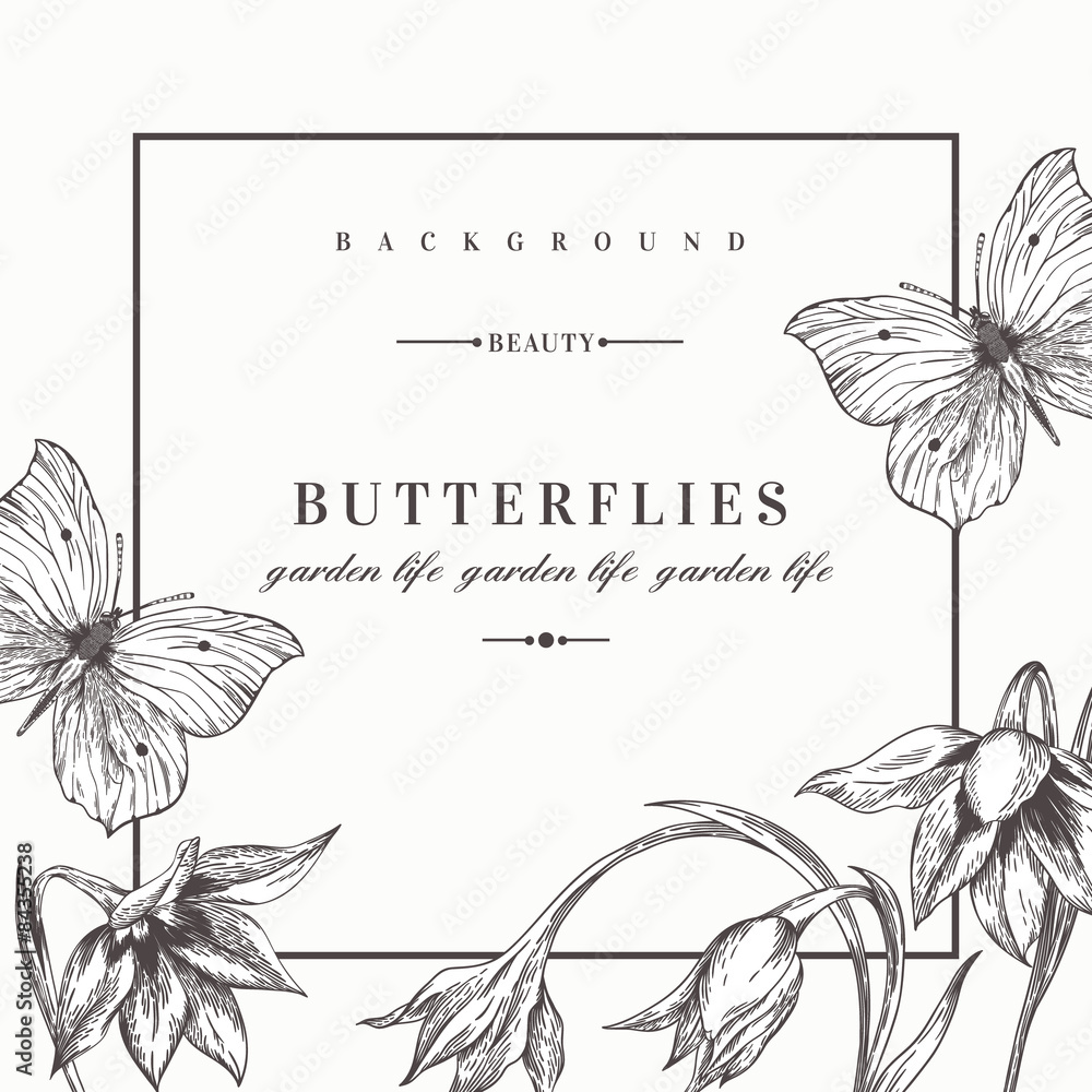 Background with flowers and butterflies.