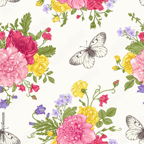 Seamless pattern flowers and butterflies.