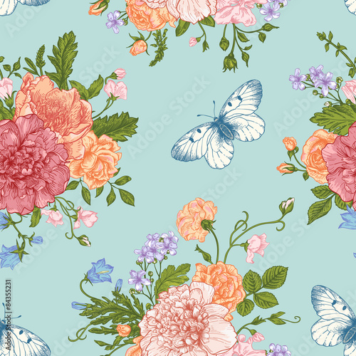 Seamless  pattern  flowers and butterflies.