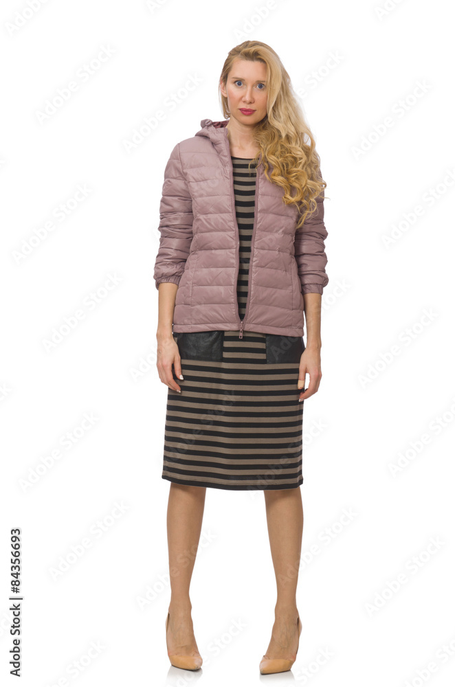 Pretty woman in winter lilac jacket isolated on white Pretty woman in winter lilac jacket isolated on white