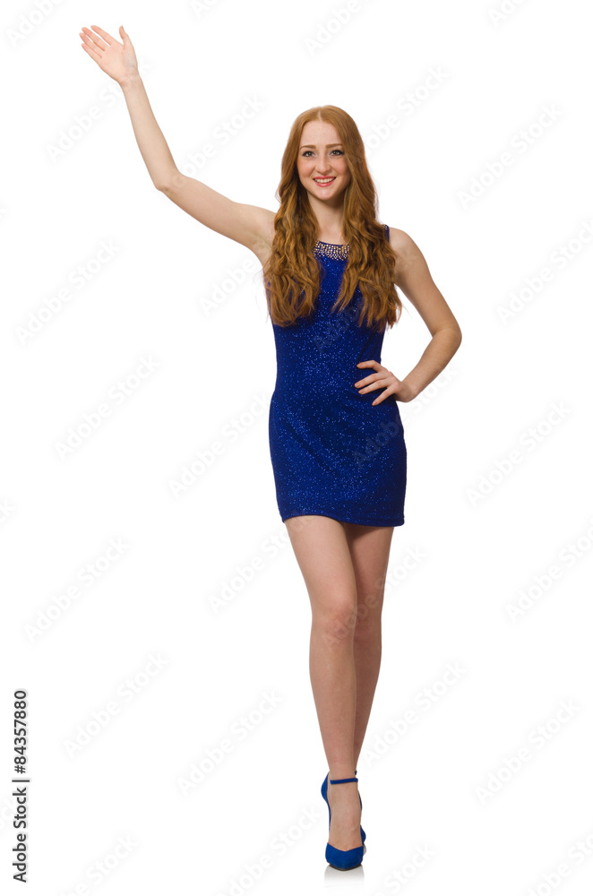 Pretty red hair girl in blue dress isolated on white Pretty red hair girl in blue dress isolated on white