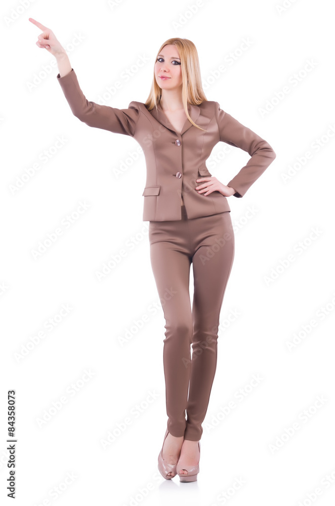 Fototapeta premium Young blond businesswoman pressing virtual button isolated on