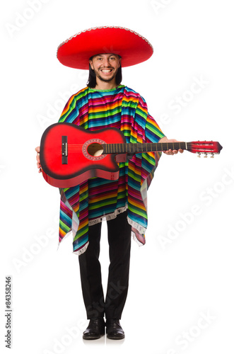 Mexican in vivid poncho holding guitar isolated on white