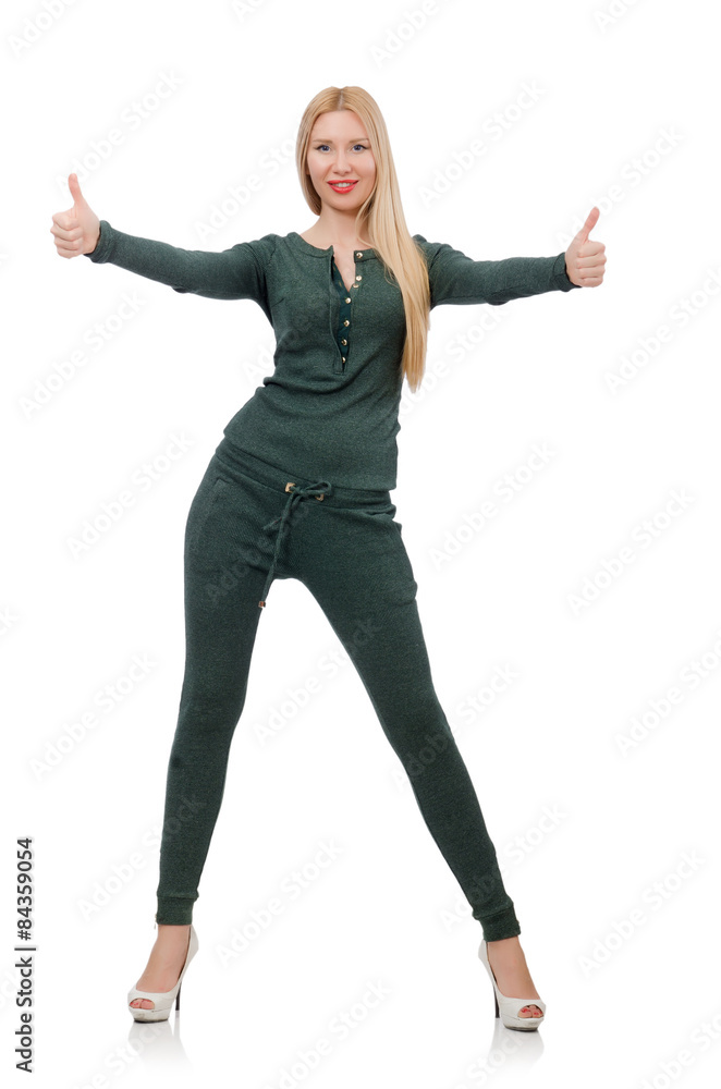 Pretty woman in green clothing isolated on white