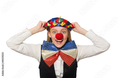 Pretty female clown isolated on white