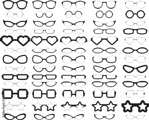 A collection of various styles of glasses in solid black.