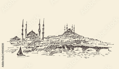 Istanbul, Turkey, Harbor, Vintage Engraved Sketch