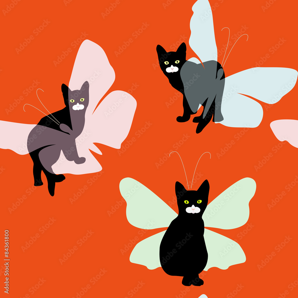 Small black kitten and butterfly,, seamless wallpaper