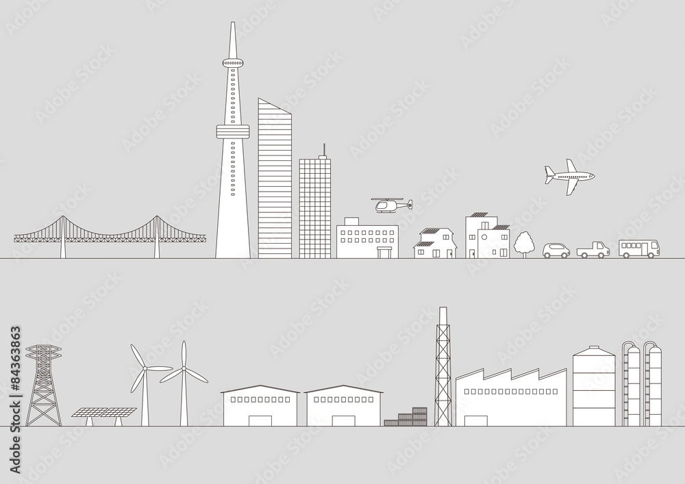 Illustration of various building and transportation Illustration of various building and transportation