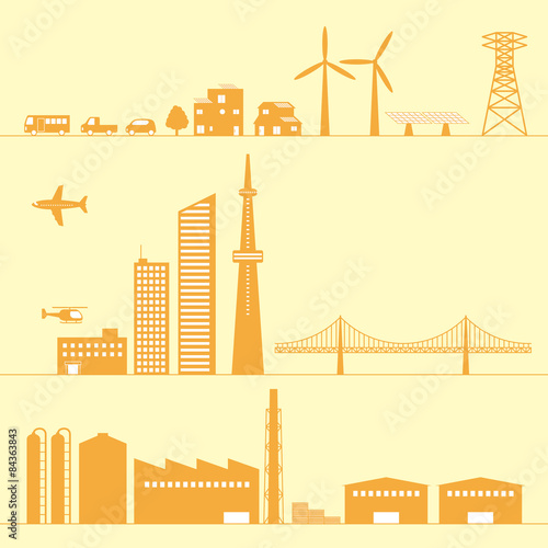 Illustration of various building and transportation 