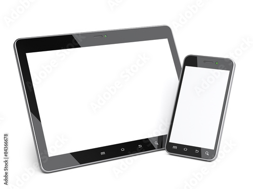 Black smartphone and tablet with blank screen.