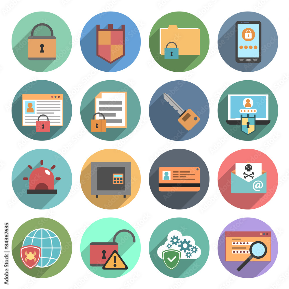 Computer security icons set flat round Computer security icons set flat round