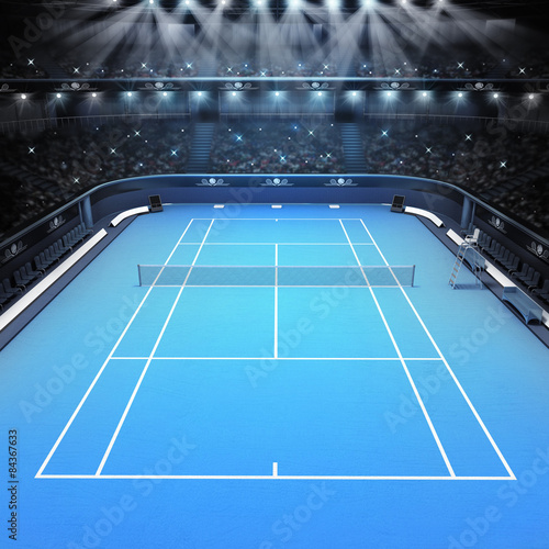 blue hard surface tennis court and stadium full of spectators