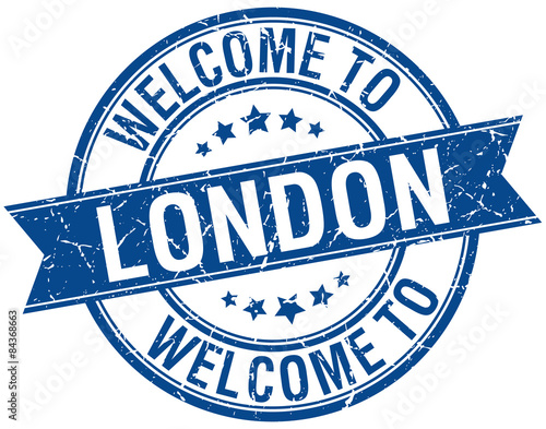 welcome to London blue round ribbon stamp