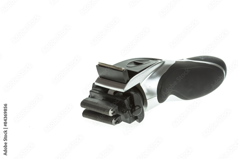 Close up mens black electric shaver isolated on white Close up mens black electric shaver isolated on white