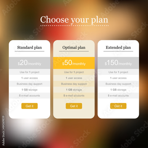 Web template of pricing table