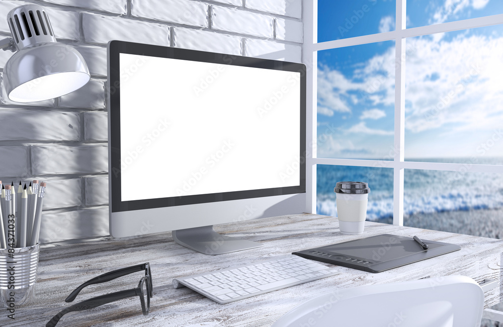 Fototapeta premium 3D illustration PC screen on table in office, Workspace