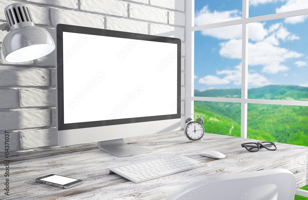 Fototapeta premium 3D illustration PC screen on table in office, Workspace