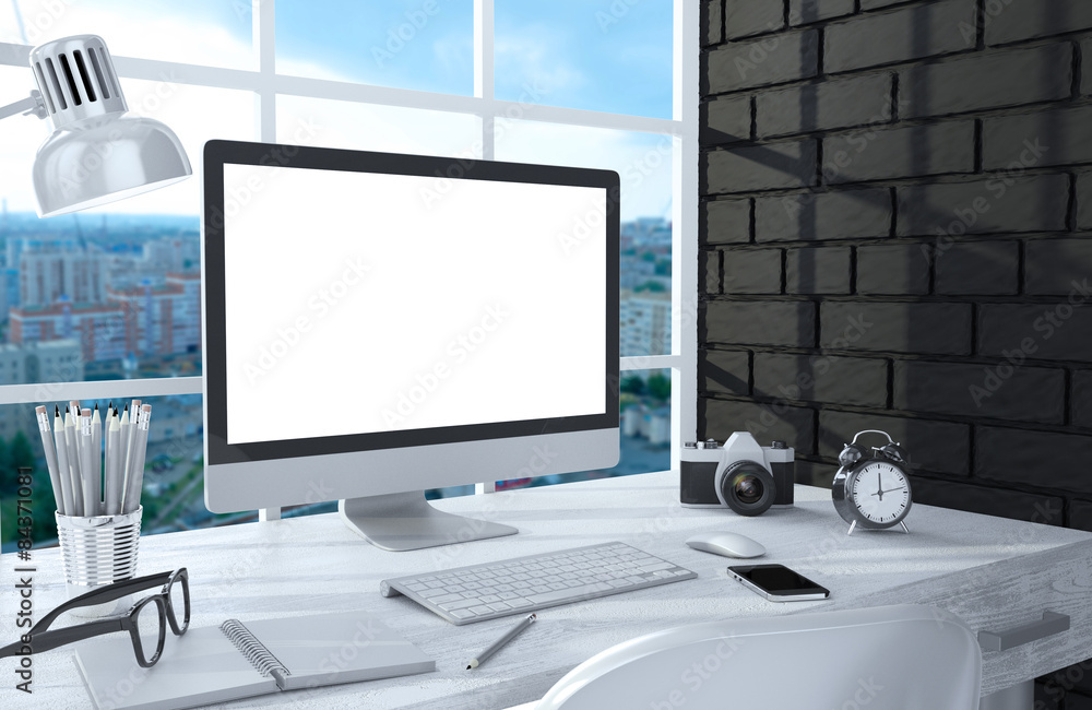 Fototapeta premium 3D illustration PC screen on table in office, Workspace