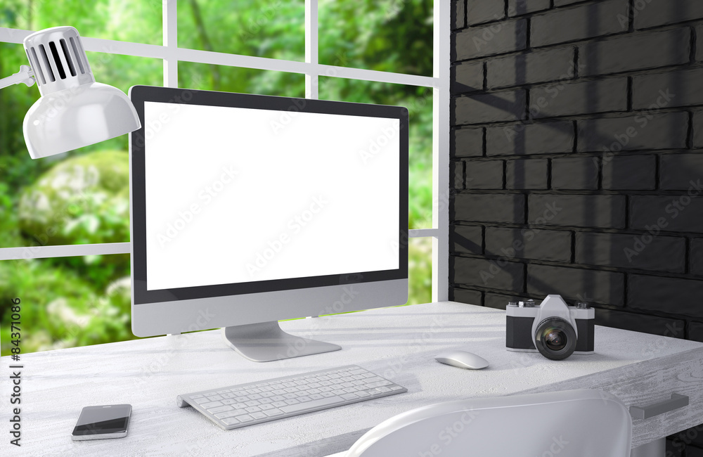 3D illustration PC screen on table in office, Workspace 3D illustration PC screen on table in office, Workspace