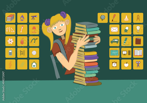 Девочка с книгами. Школьные иконки.