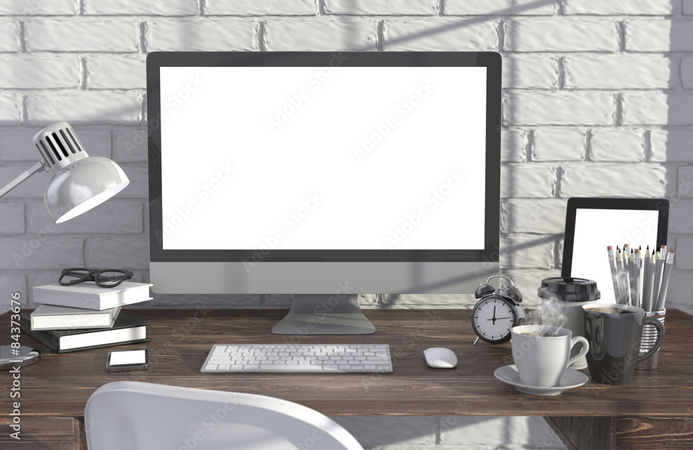 3D illustration PC screen on table in office, Workspace 3D illustration PC screen on table in office, Workspace