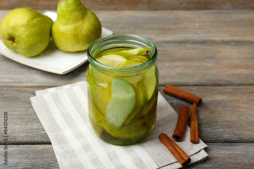 Pear juice with fresh fruits on table close up Pear juice with fresh fruits on table close up
